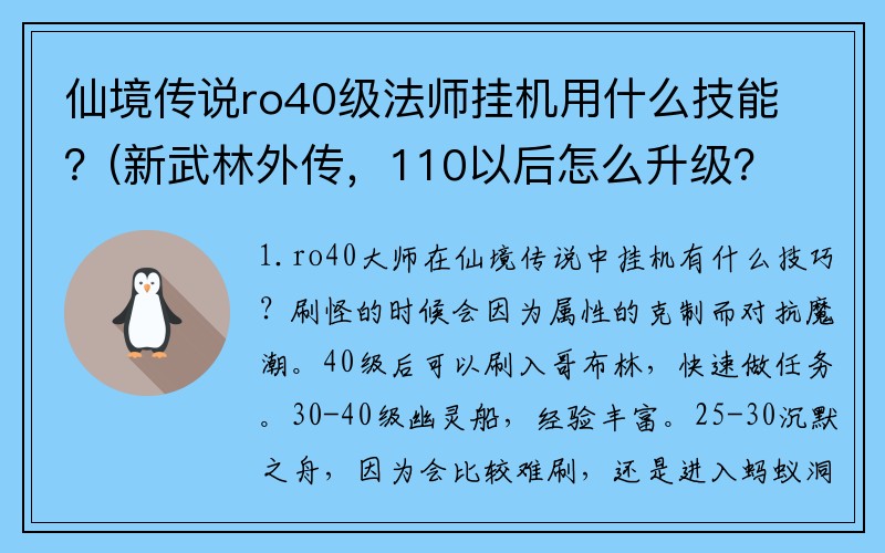 仙境传说ro40级法师挂机用什么技能？(新武林外传，110以后怎么升级？)